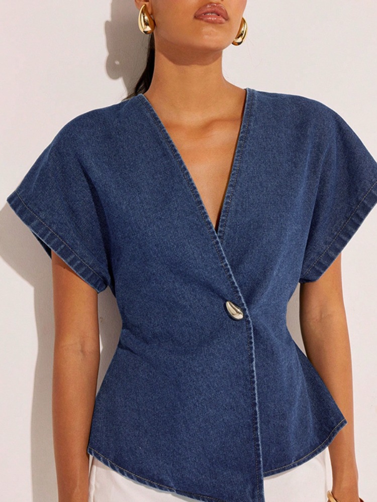 Summer Clothing Wraps - 2026 Damen Dunkelblaue Jeansbluse Damenbekleidung V-Ausschnitt