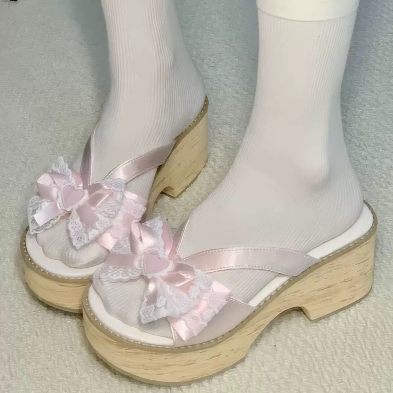 Summer Clothing Stores - Süße Schleifen-Holzmaserung Plateau-Slipper für Damen –